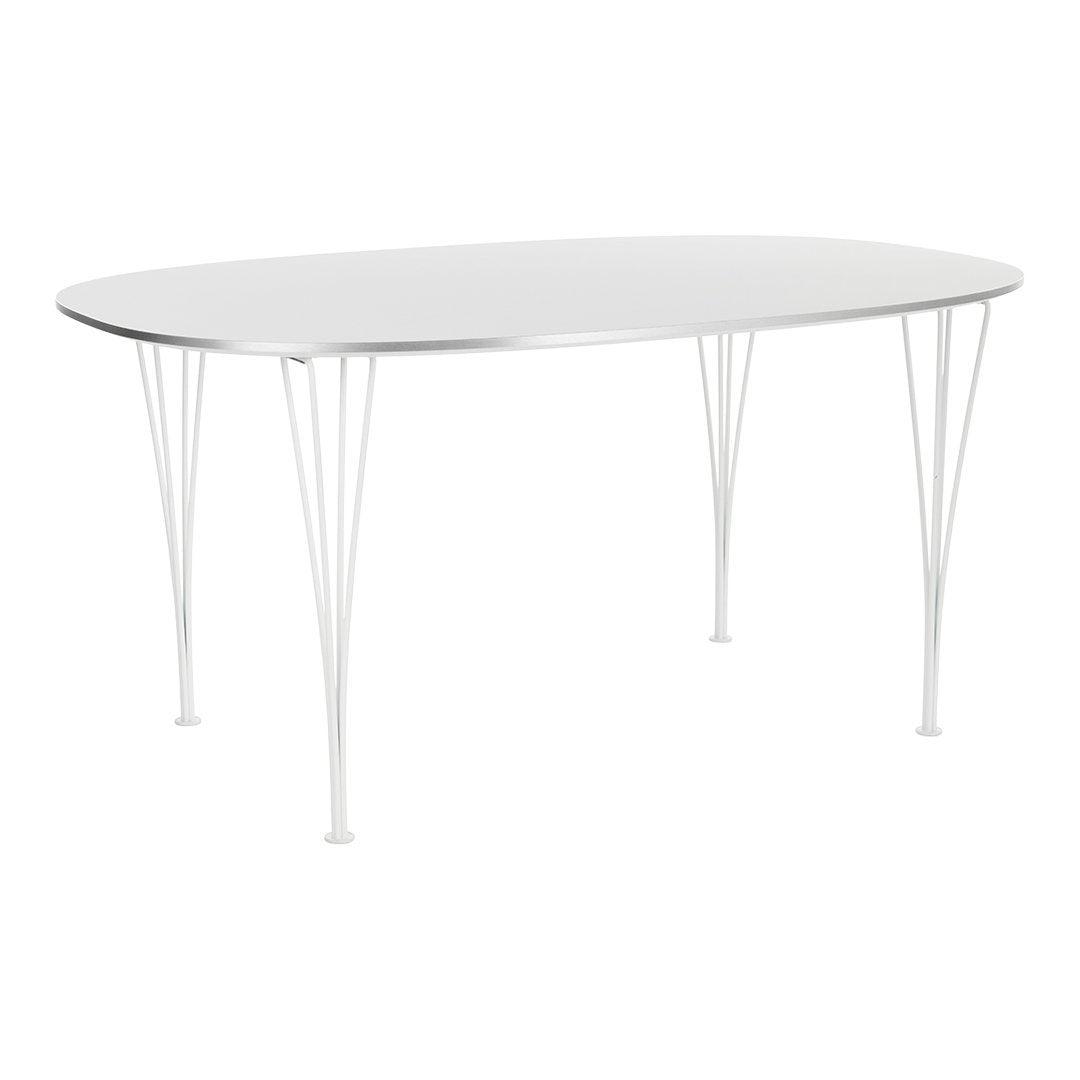 Sleek white oval table with minimalist design and elegant metal legs, perfect for modern dining spaces.