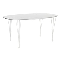 Sleek white oval table with minimalist design and elegant metal legs, perfect for modern dining spaces.