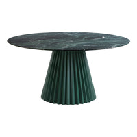 Round table featuring a dark green pleated base and a marbled black and white tabletop. Elegant and modern design.