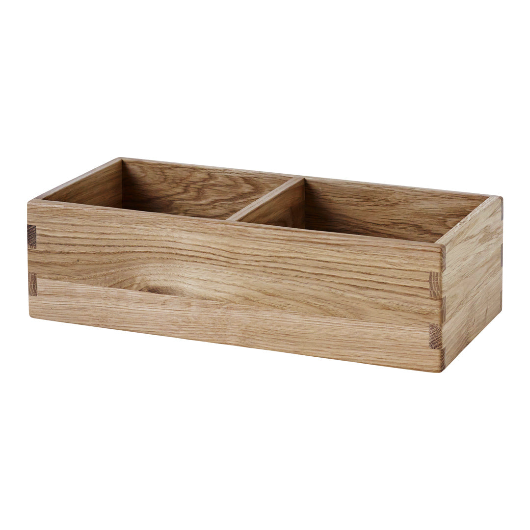 Light oak wooden organizer with a smooth finish and natural grain pattern, featuring two separate compartments.