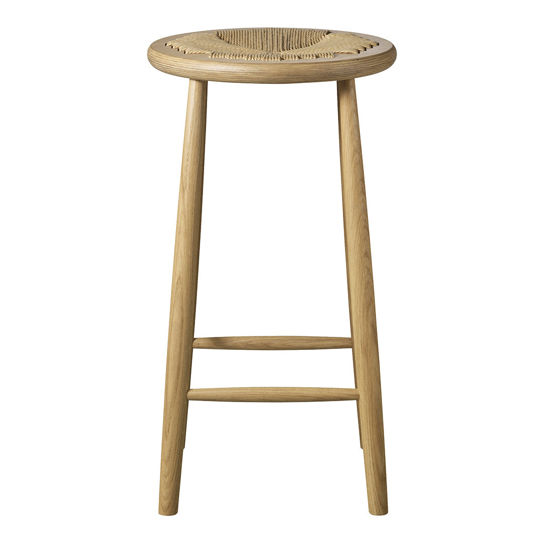 Natural wood stool with a woven seat pattern, featuring light tan and beige tones. Stylish and minimal design.