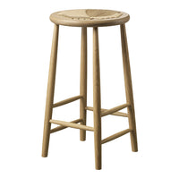 Light natural wood bar stool with a woven seat, featuring a simple, minimalist design. Perfect for any modern decor.