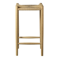 Natural wood finish with a woven straw seat, featuring earthy tones and a minimalist design. Perfect for modern decor.