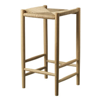 Natural wood bar stool with a woven beige seat and light oak legs, showcasing a minimalist design.