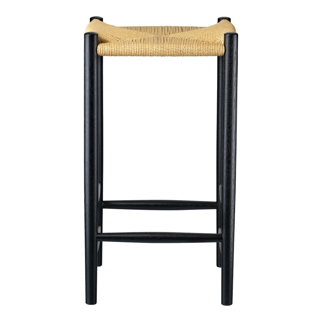Tall black wood stool with a natural woven seat, featuring a distinctive crisscross pattern.