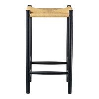 Tall black wood stool with a natural woven seat, featuring a distinctive crisscross pattern.