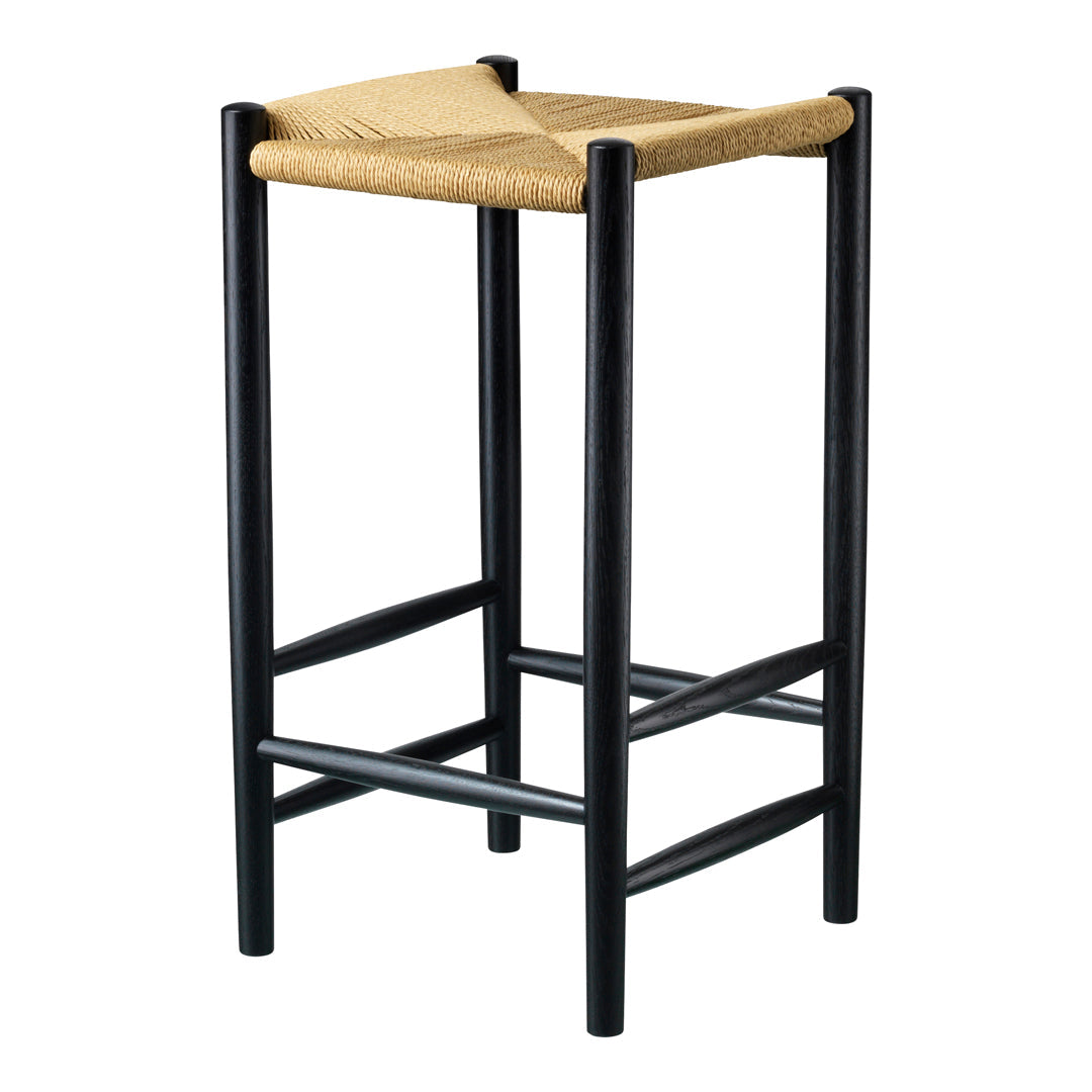 Black wooden bar stool with a woven natural fiber seat, featuring an elegant minimalist design.