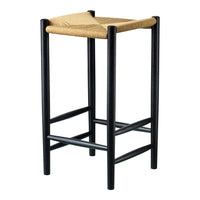 Black wooden bar stool with a woven natural fiber seat, featuring an elegant minimalist design.