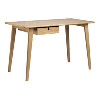 Light oak wooden desk with clean lines and a natural finish, featuring a single drawer and tapered legs.