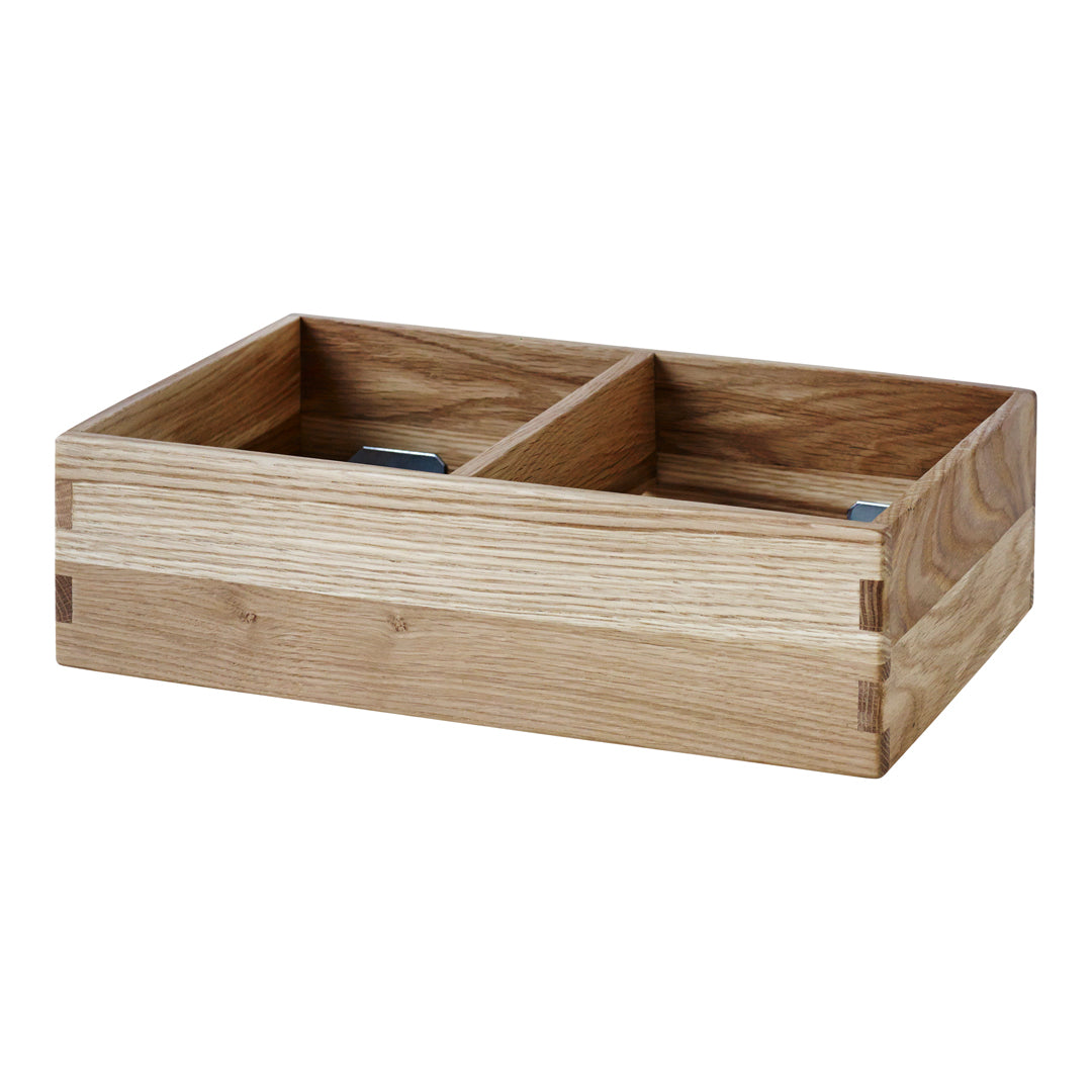 Natural wood organizer with a light oak finish and clean, smooth lines, featuring two spacious compartments.