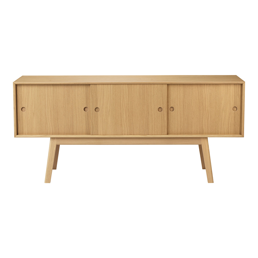 Light oak mid-century sideboard with smooth, minimalist design and natural wood grain pattern.