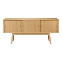 Light oak mid-century sideboard with smooth, minimalist design and natural wood grain pattern.