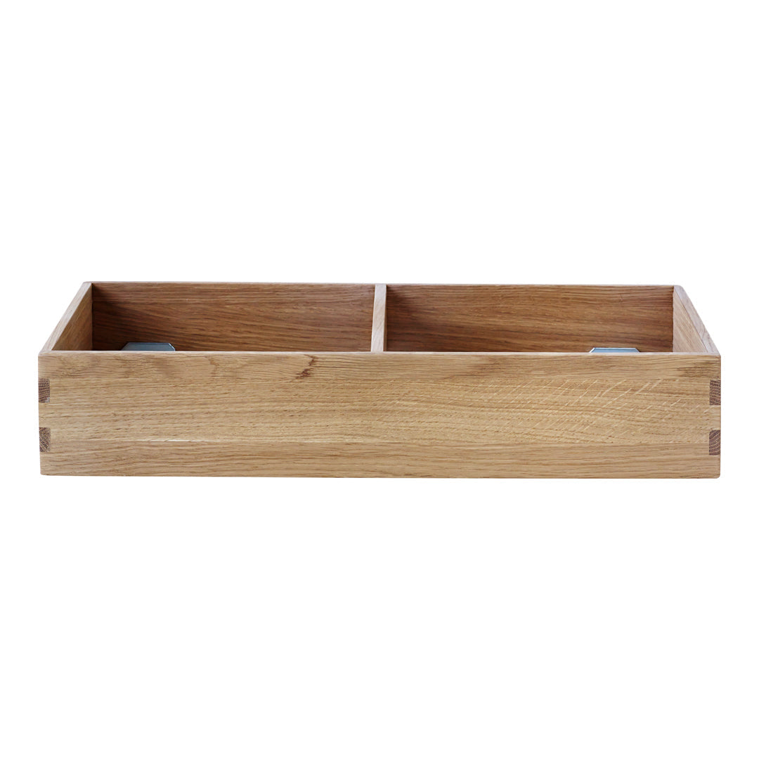 Natural wood tray with a smooth, light brown finish and minimalist design, featuring two divided compartments.