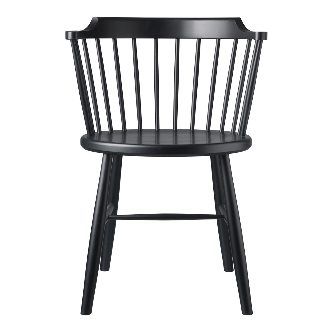 Black wooden chair with vertical slats and a round seat, featuring a minimalist design and sleek finish.