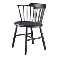 Black wooden chair featuring a classic spindled back and simple design, perfect for modern or rustic decor.