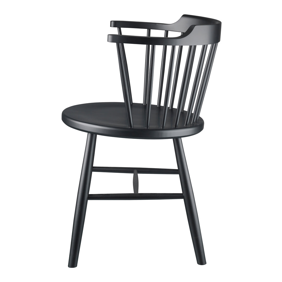 Black wooden chair with a minimalist design, featuring a round seat and vertical slats in a sleek finish.
