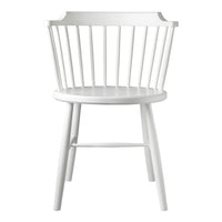 White wooden chair with a spindle back design and smooth circular seat. Simple, modern, and versatile for any decor.