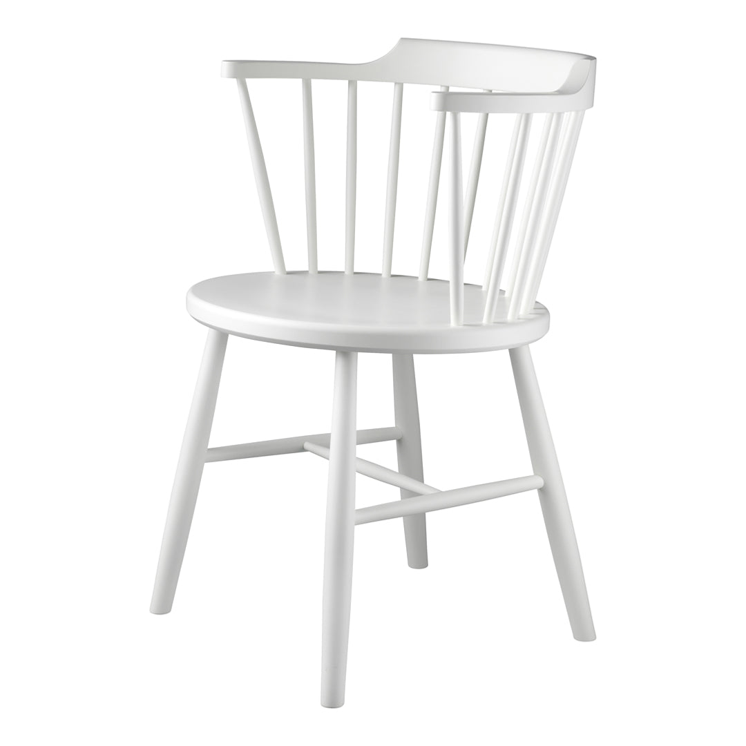 White wooden chair with a minimalist design, featuring a round seat and vertical slats in a clean, modern style.