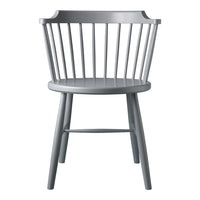Light gray wooden chair with a spindle back and smooth circular seat, showcasing a minimalist design.