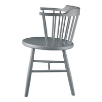 Gray wooden chair with a slatted back and round seat, featuring a minimalist design. Perfect for modern decor.
