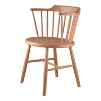 Light terracotta wooden chair with a slatted back and circular seat, showcasing a minimalist design.