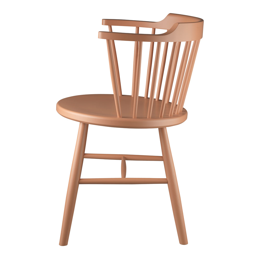 Modern chair in a warm, muted terracotta color with a classic slatted back design and round seat.