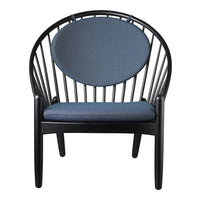Black round chair with a light blue cushioned seat and backrest, featuring a modern, minimalist design.