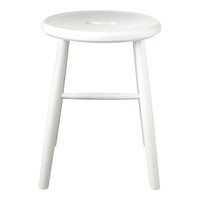 White minimalist stool with a smooth, round seat and tapered legs, perfect for modern decor.