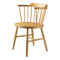 Natural wood dining chair with a light finish and simple, minimalist design featuring vertical slats.