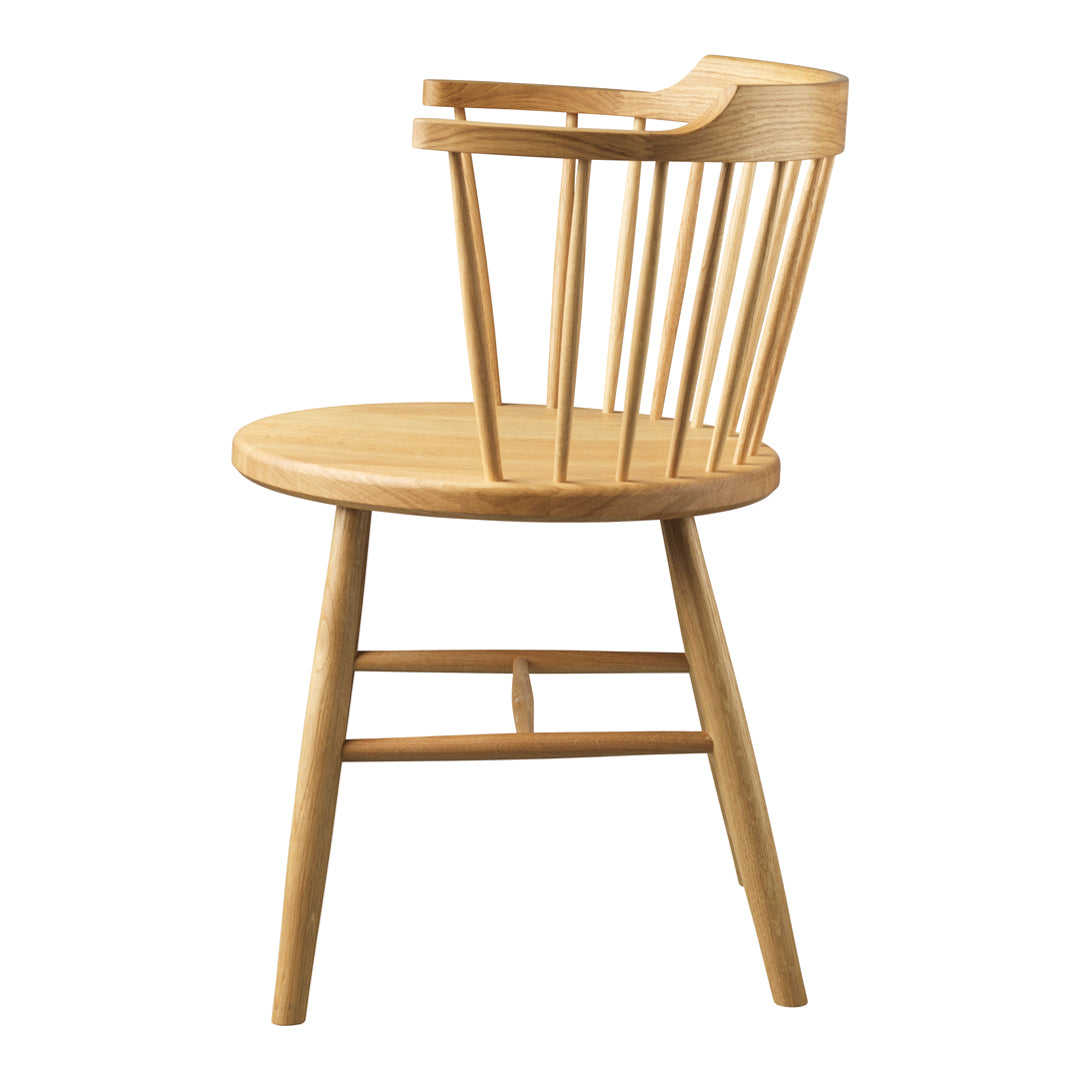 Natural wood finish with a light oak color and minimalist spindle-back design. Perfect for modern decor.