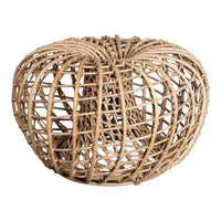 Natural woven rattan basket in a circular pattern with a light brown finish, perfect for decorative storage.