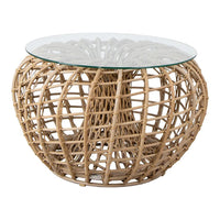 Natural rattan woven table base with a clear glass top, showcasing a stylish, organic pattern in beige tones.