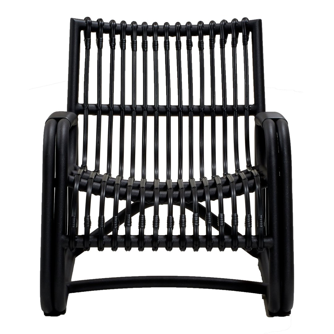 Black woven chair featuring a sleek, modern design with vertical and horizontal patterns. Perfect for contemporary decor.