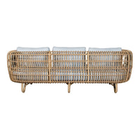 "Natural rattan three-seater sofa with light blue cushions, featuring a woven pattern and stylish design."