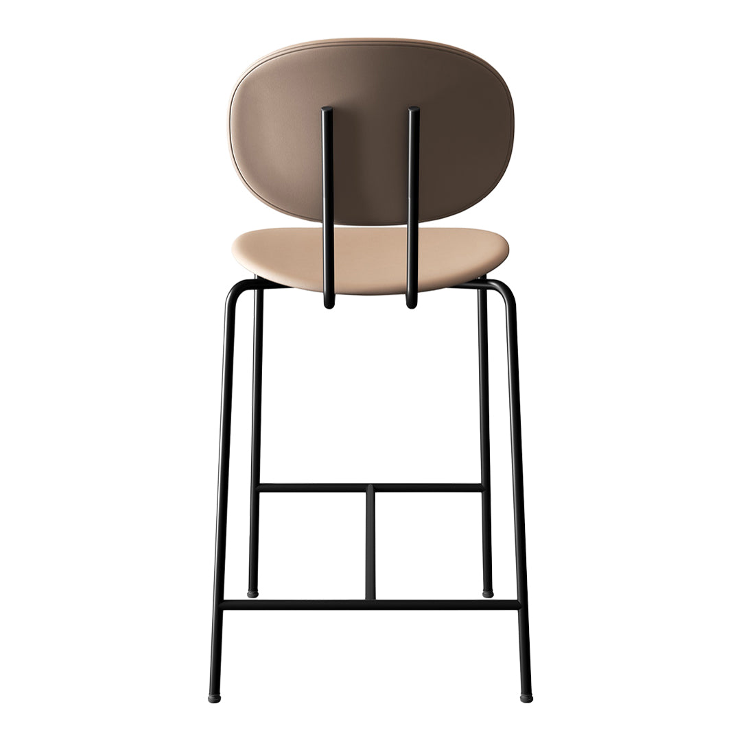 Modern black metal bar stool with a smooth beige seat and rounded brown backrest, featuring minimalist design.