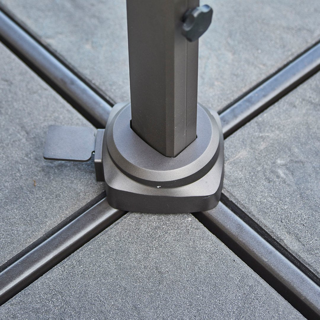 Dark gray base with a sleek black pole on a textured gray surface, featuring a modern minimalist design.