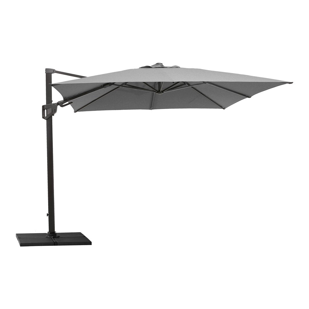 Grey outdoor umbrella with a sleek design and sturdy black base, perfect for modern patio decor.