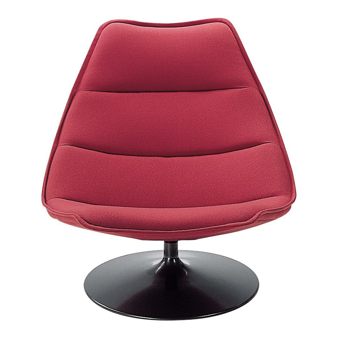 Red modern chair with sleek lines and soft upholstery, featuring a smooth black swivel base. Perfect for contemporary decor.