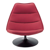 Red modern chair with sleek lines and soft upholstery, featuring a smooth black swivel base. Perfect for contemporary decor.
