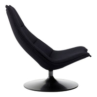 Black upholstered chair with smooth, modern lines and a sleek, circular black base. Ideal for contemporary decor.
