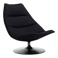 Sleek black lounge chair with a smooth, curved design and subtle, textured fabric. Perfect for modern decor.