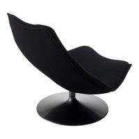 Sleek black swivel chair with smooth curves and a minimalist design, featuring a circular base and soft fabric upholstery.