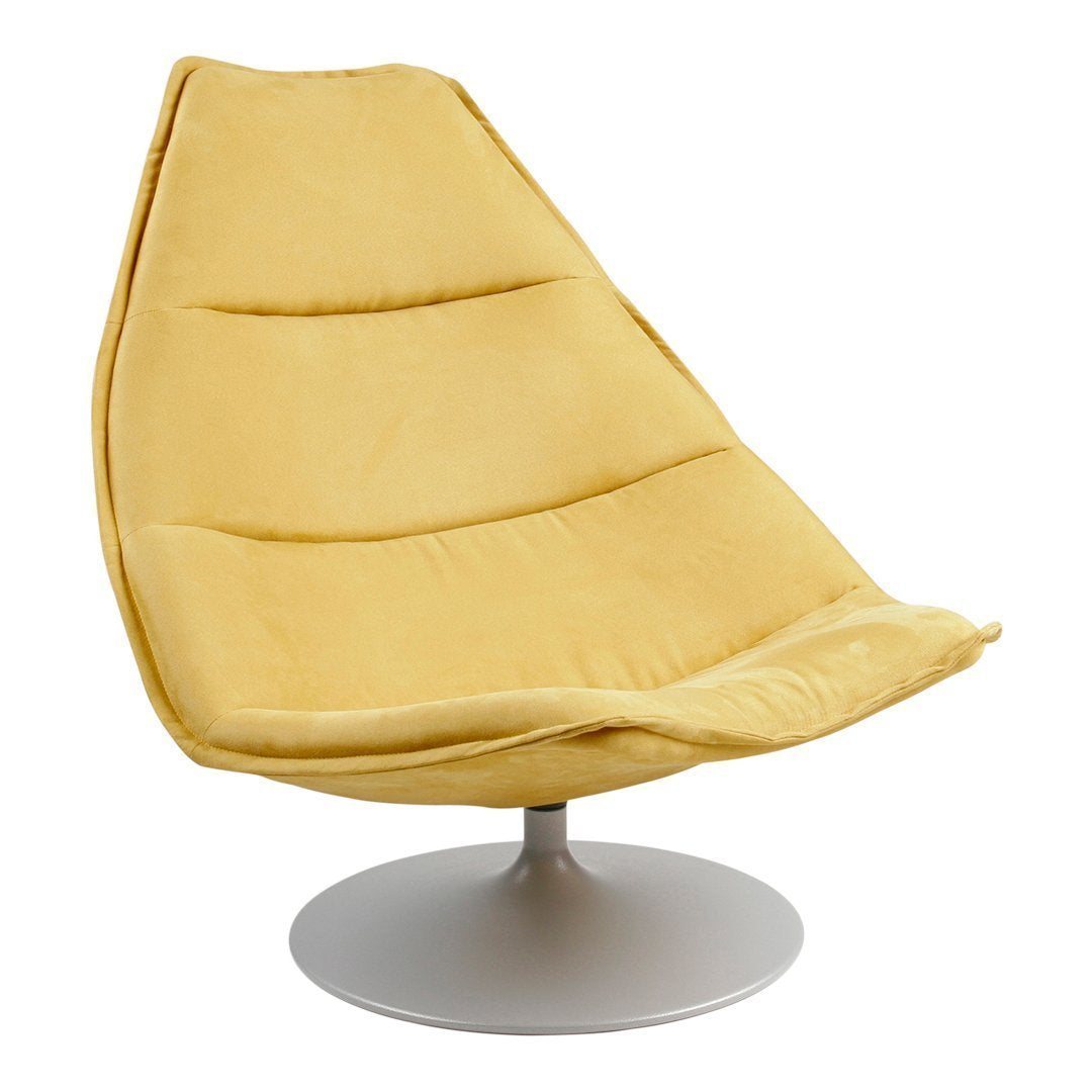 Yellow upholstered lounge chair with smooth, sleek design and subtle horizontal stitching on a round chrome base.