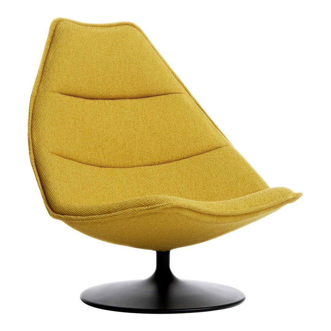 Yellow upholstered lounge chair with a sleek, modern design and subtle horizontal stitching on a black base.