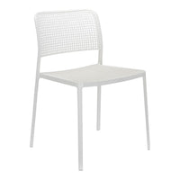 White metal chair with a textured woven backrest, minimalistic design, perfect for modern spaces.