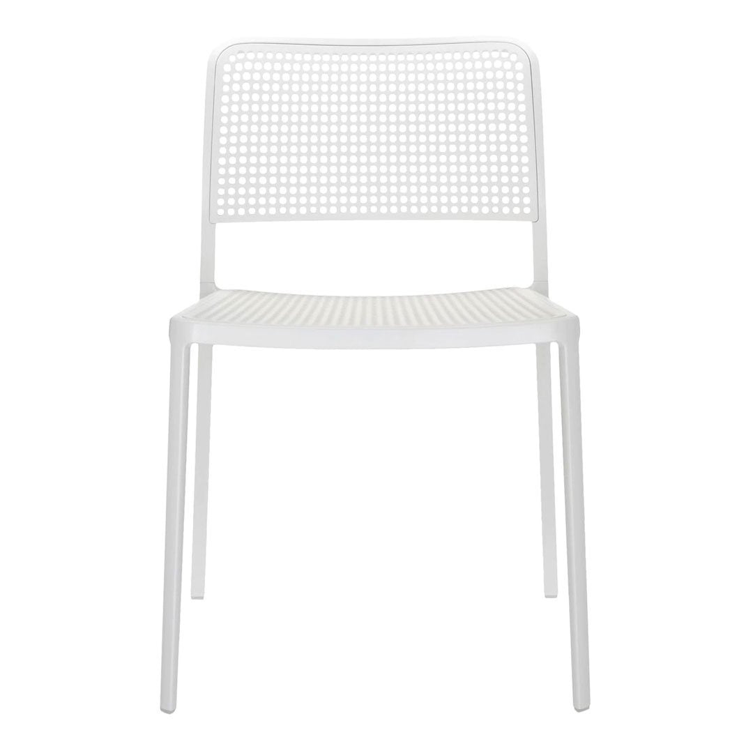 White modern chair with a woven mesh backrest and minimalist design, perfect for contemporary decor.