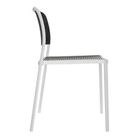 White chair with a black woven seat and backrest, featuring a sleek, modern design and minimalist lines.