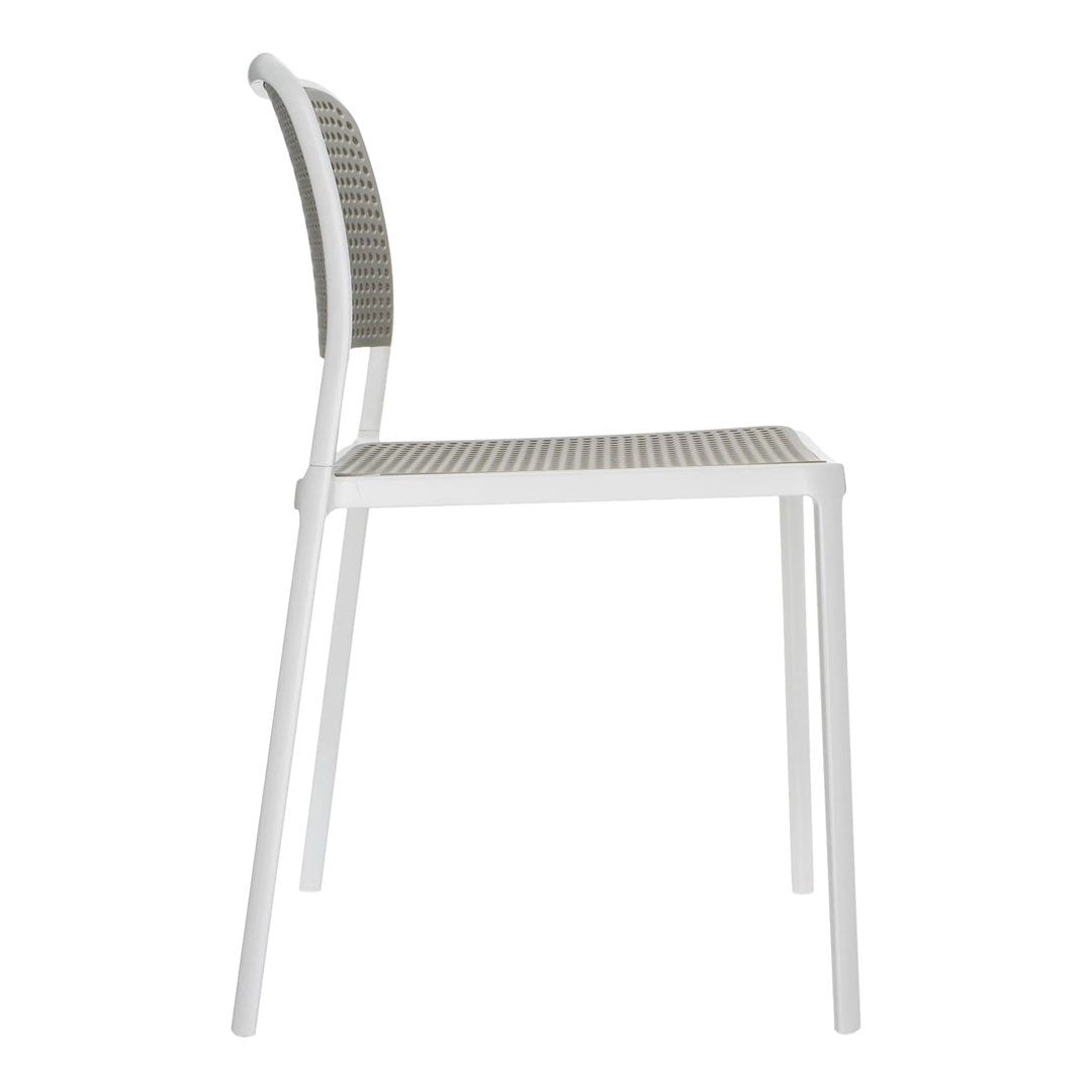 White chair with a gray woven pattern on the seat and backrest, showcasing a modern design.