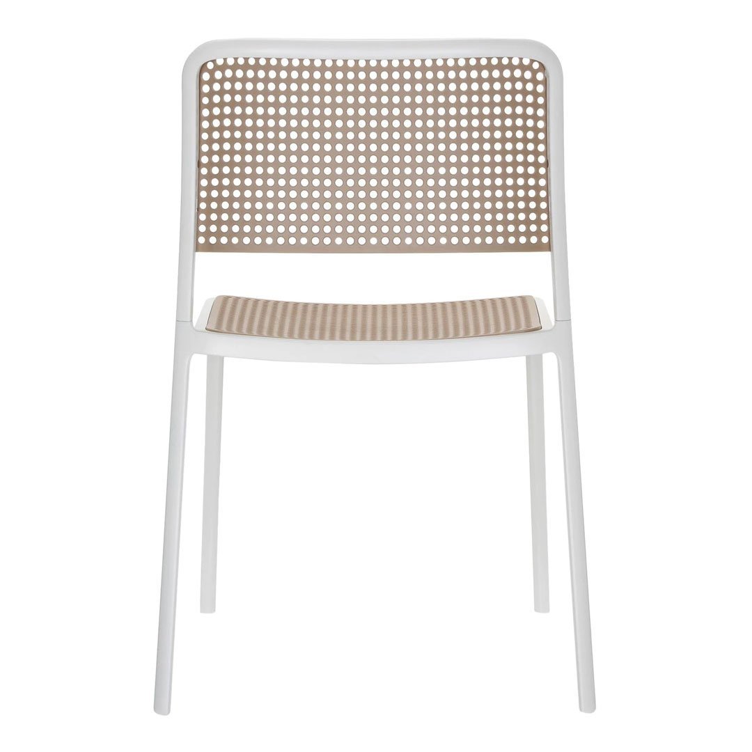 White chair with a light brown checkered pattern on the seat and woven back, adding a modern, airy touch.