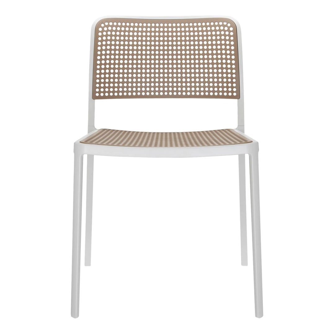 White chair with a brown woven pattern on the back and seat, offering a modern, minimalist design.